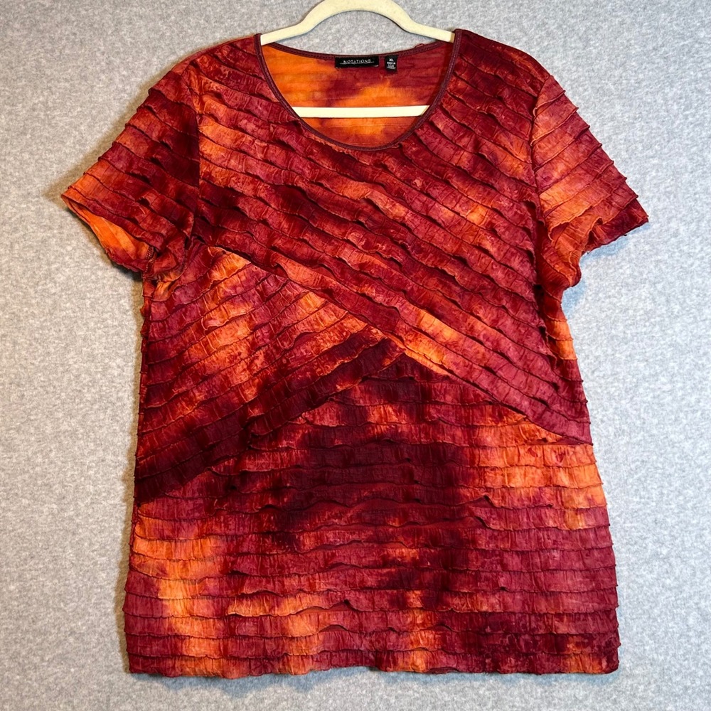 Notations Ruffle Tiered Top Women XL Red Orange Tie Dye Mesh Boho Sunset Trend